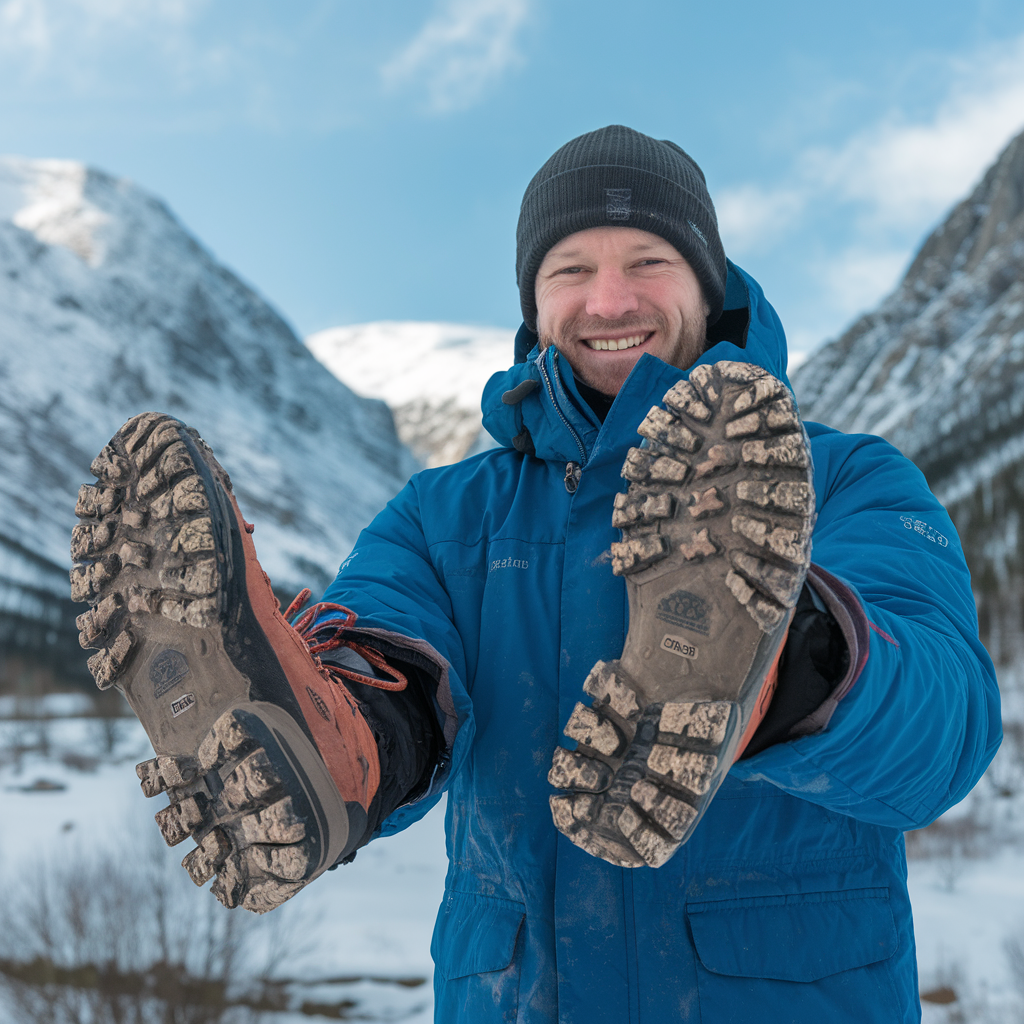 Een foto van een Noorse man in een winterjas, die vieze wandelschoenen draagt.
#AIgenerated