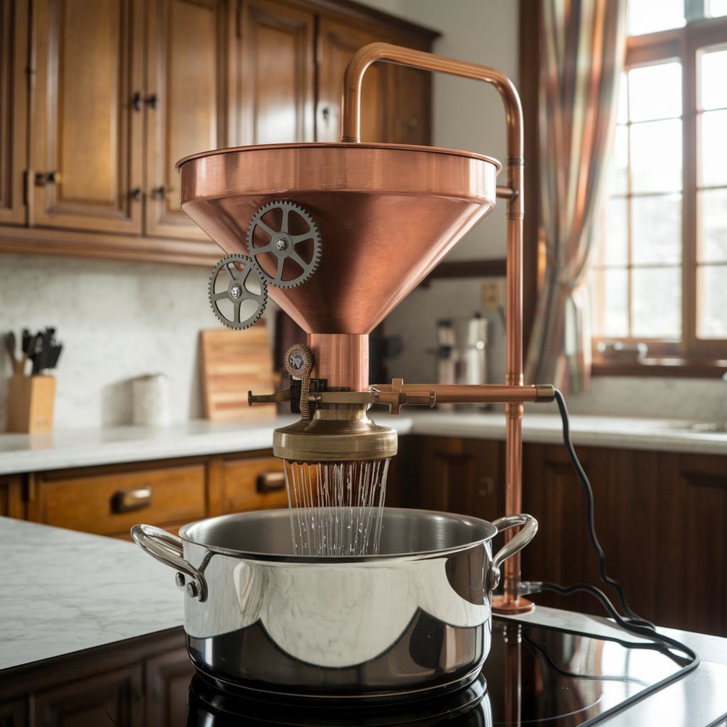 A photo of an advertorial for an electric steampunk kitchen funnel. The funnel is made of copper and has a few gears on the side. It is placed over a pot filled with water and is connected to a power source. The background is a kitchen with wooden cabinets, a marble countertop, and a window with curtains.
#AIgenerated